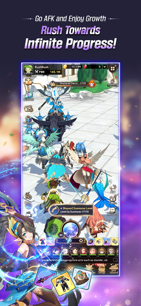 Summoners War: Rush - Summoners War Rush game screenshot showing monsters in battle and idle progression features