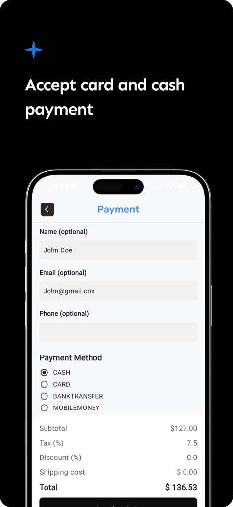 Écran de paiement de l'application Posa montrant les options de paiement en espèces, par carte et par virement bancaire avec le sous-total et le calcul des taxes