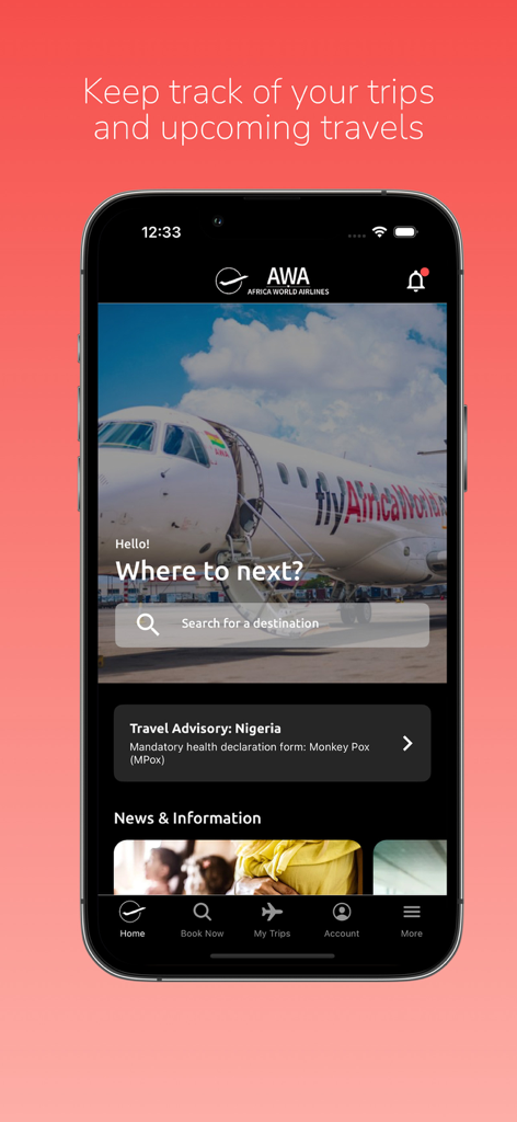 Home screen of the Africa World Airlines app featuring flight search and travel alerts