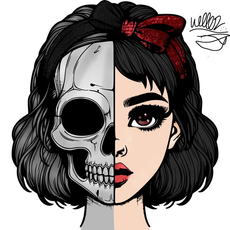 realistic girl with half skull mask