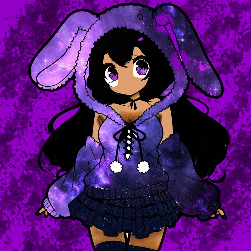 pretty anime girl wearing a fluffy hoodie with bunny ears on the hood and a skirt