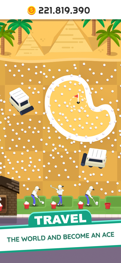 Golf Inc. Tycoon - Golfistas practicando en un campo de golf desértico con pirámides al fondo en Golf Inc. Tycoon.