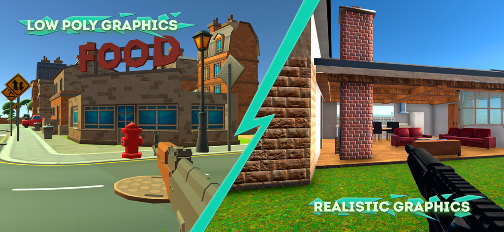 Destruction Simulator: Crashes - Side by side comparison of low poly city and realistic house graphics in a destruction game