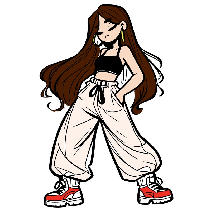 girl in baggy pants crop top and long hair