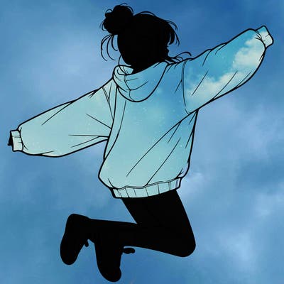 realistic girl jumping with a bun and oversized sweatshirt