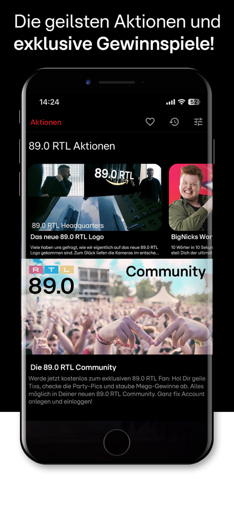 89.0 RTL - A mobile screen showing the 89.0 RTL app promotions page with community events and exclusive giveaways.