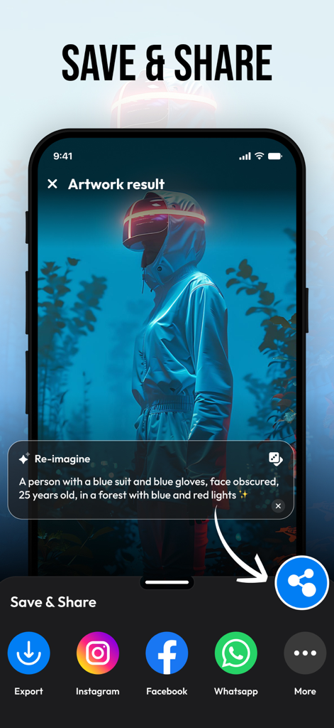 AI Art Generator & Editor - A mobile screen from Artly AI showing sharing options for a generated image of a person in a blue suit.