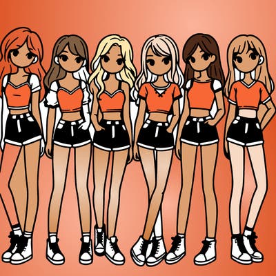 a group of girls wearing crop tops and shorts