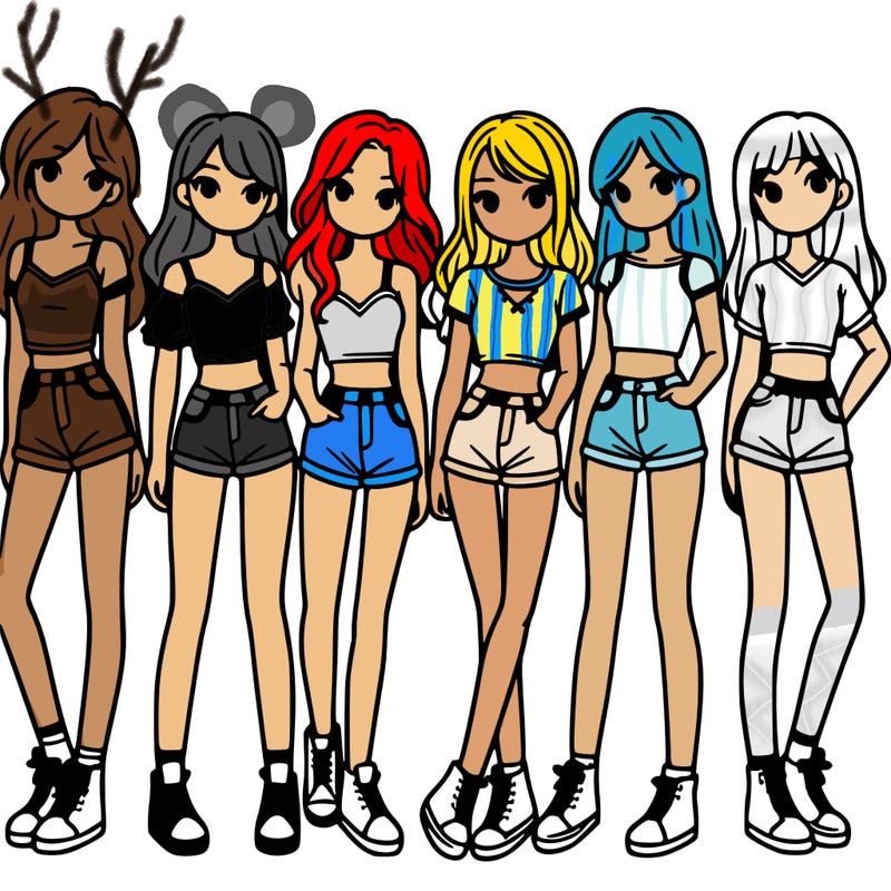 a group of girls wearing crop tops and shorts
