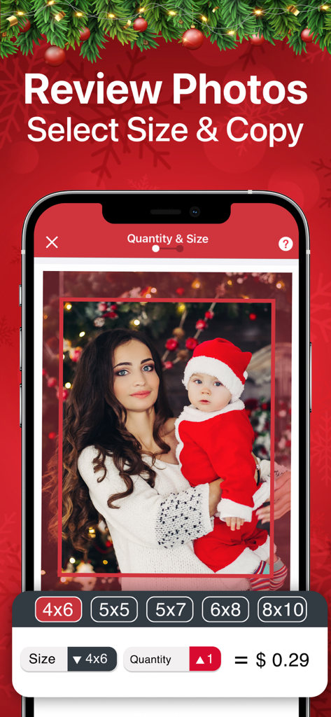 Photo Print: CVS Quick Prints - Mobile app interface showing photo print size selection with a Christmas baby picture