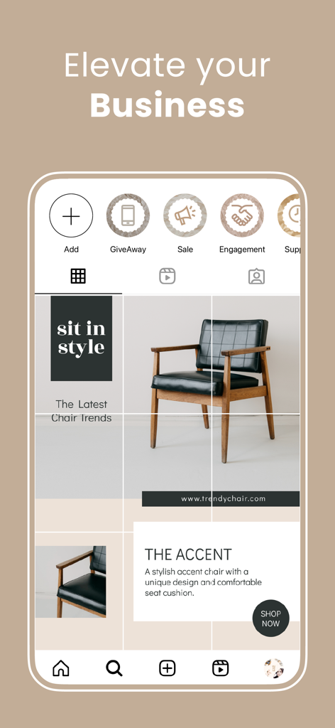 Una plantilla de diseño de cuadrícula de Instagram estética para un negocio que presenta productos de muebles y botones de interacción.
