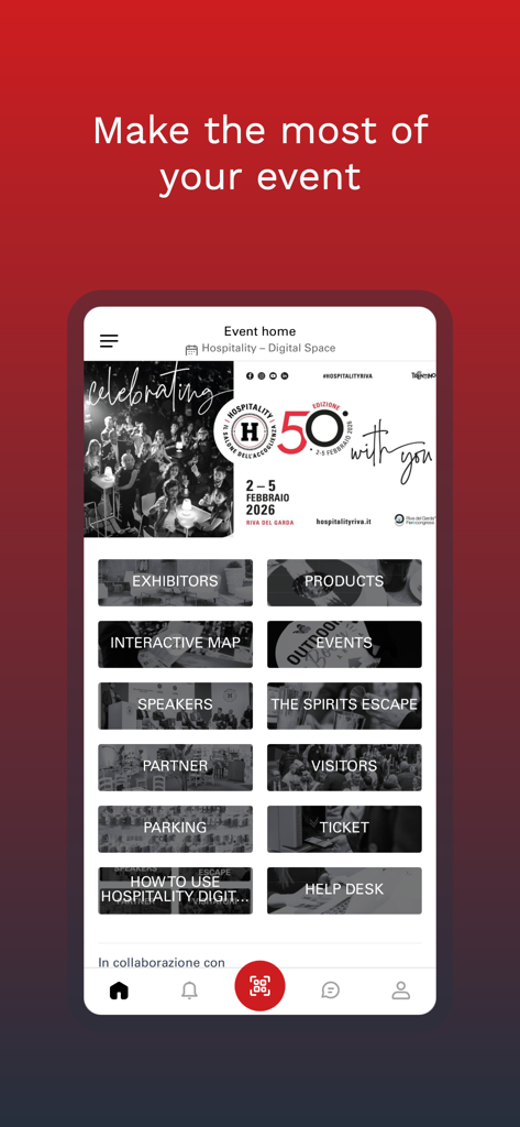 Hospitality Digital Space - ホスピタリティ・デジタル・スペースアプリのホームスクリーン、出展者、製品、インタラクティブマップのボタンが表示されたイベントダッシュボード