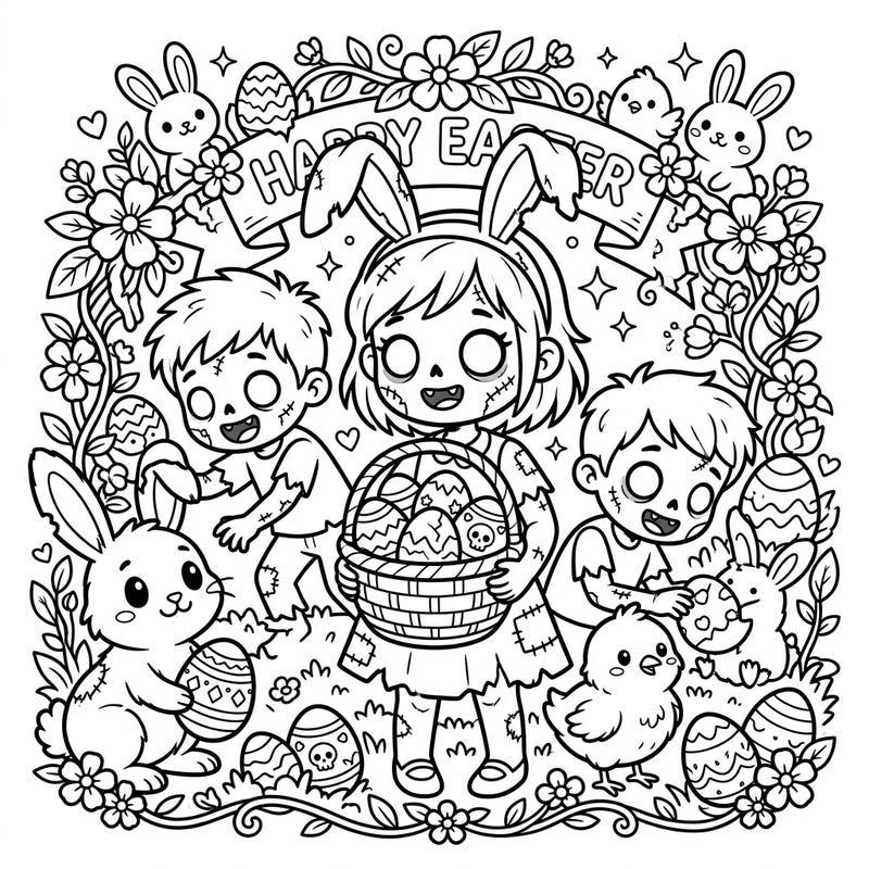 Dive into a wonderfully weird Easter celebration with this unique coloring page featuring adorable child zombies. Discover a playful blend of spooky charm and spring festivities, perfect for unleashing your creativity.