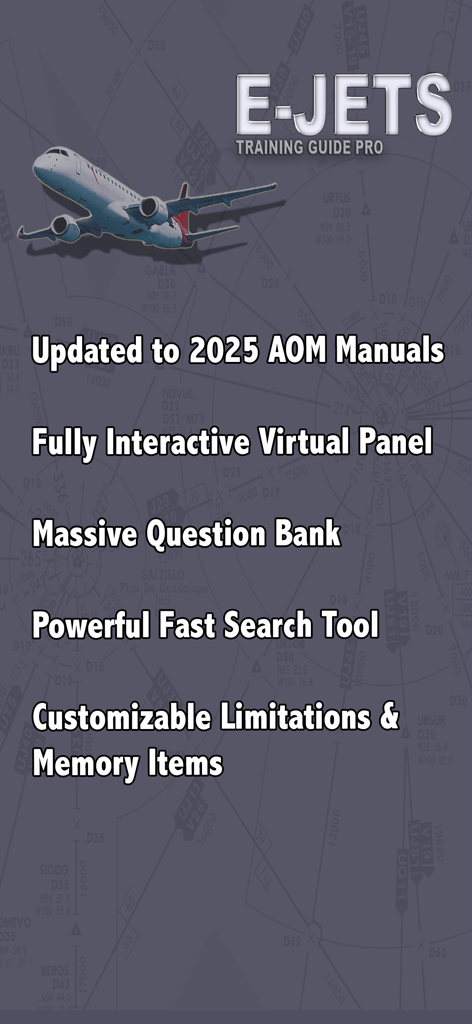 Overview of E-JETS Training Guide Pro app features including interactive virtual panel and 2025 AOM manuals
