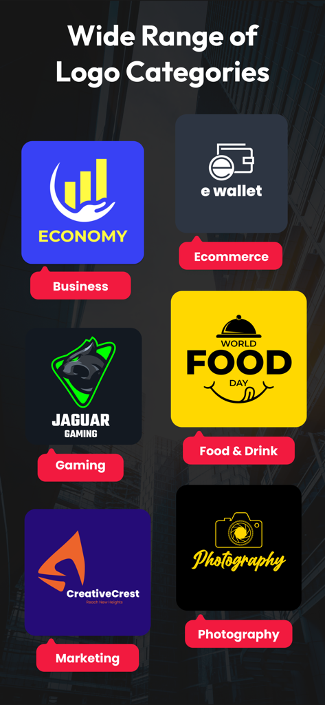 AI Logo Maker: Logo Creator - Una selección de categorías de logos que incluyen negocios, videojuegos, comercio electrónico y fotografía