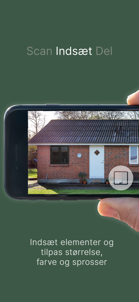 Una persona sosteniendo un teléfono inteligente que muestra un modelo de ventana de realidad aumentada colocado en una casa de ladrillos