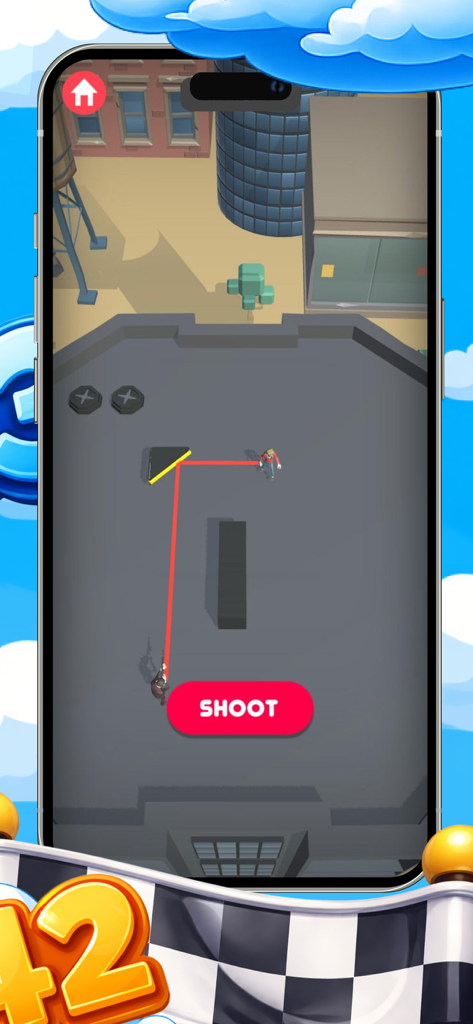 Host Part Hits 모바일 게임의 스크린샷으로, 캐릭터가 화면에 발사 버튼이 있는 목표물을 맞추기 위해 반사되는 빨간색 레이저 빔을 조준하고 있습니다.