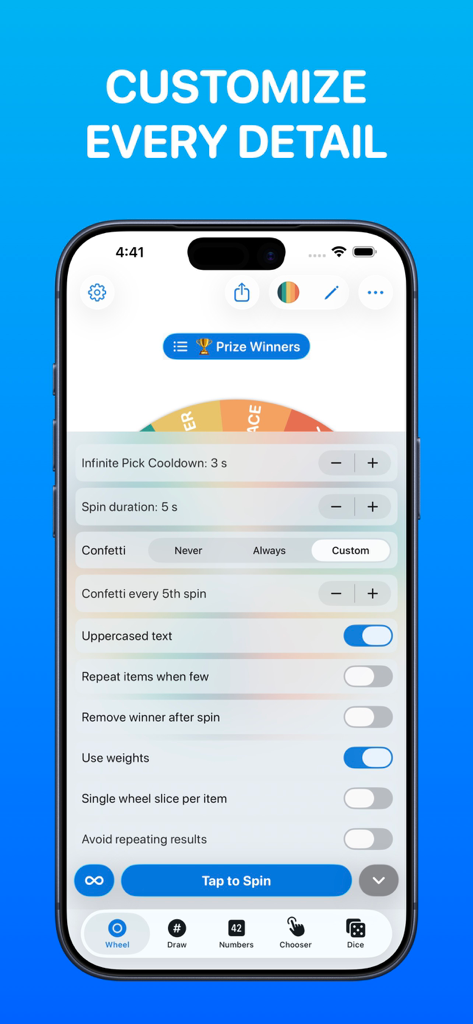 Wheel Spinner - Pick Me - Customization settings menu in the Wheel Spinner Pick Me app with options for spin duration and weights.