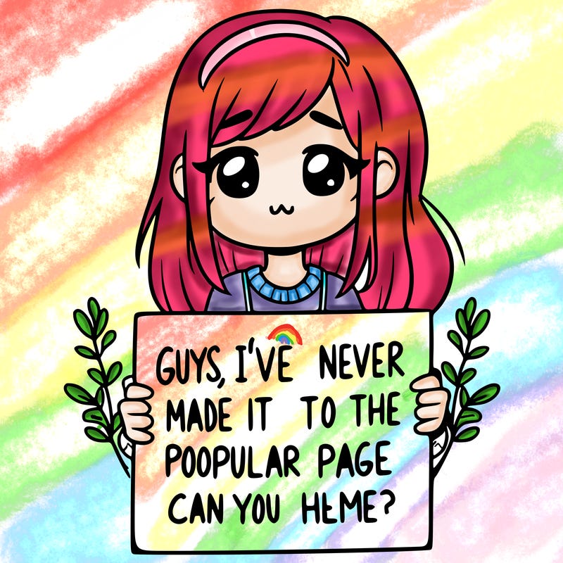 a girl holding up a sign that says, guys, i’ve never made it to the popular page, can you help me?