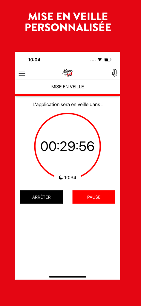 Manu sur NRJ - Écran de l'application Manu sur NRJ montrant la fonction personnalisée de compte à rebours de la mise en veille.