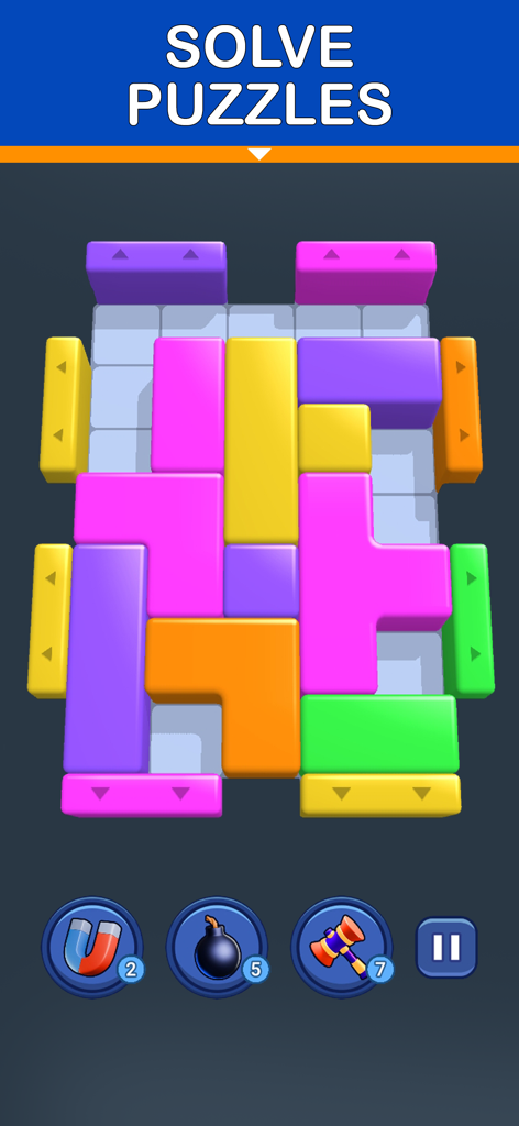 A mobile game screen showing colorful blocks fitted into a logic puzzle grid under the header Solve Puzzles
