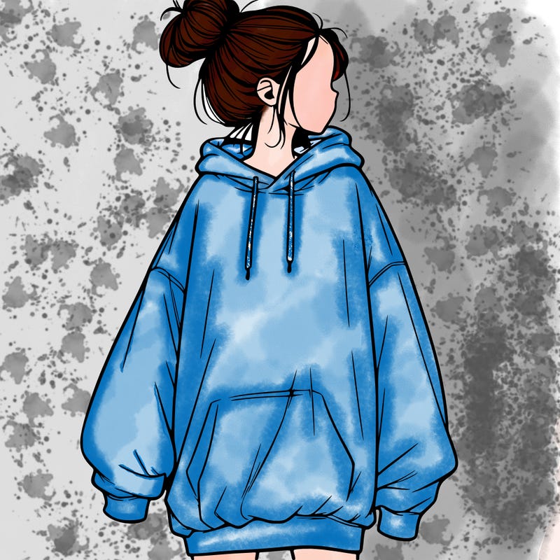 realistic girl with a oversized sweatshirt on and a bun