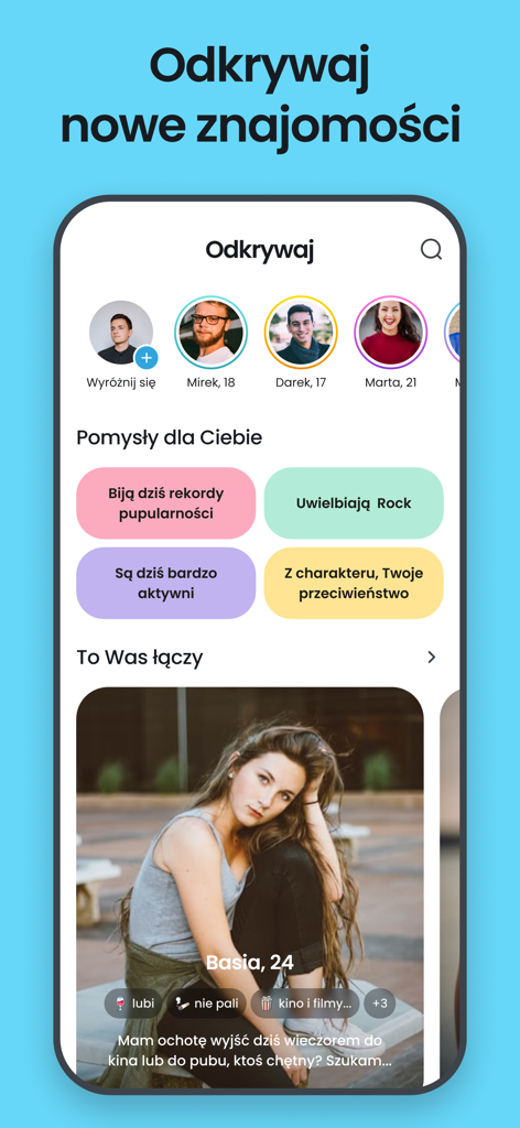 Fotka - dating, chats, streams - Discovery screen of the Fotka dating app showing user profiles and matching categories for the Polish community