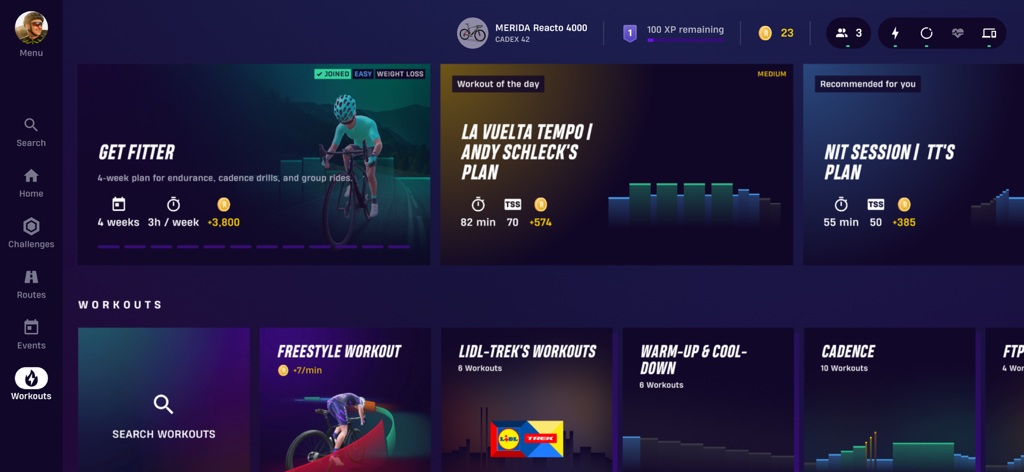 Dashboard of the ROUVY app displaying indoor cycling workout plans and training categories