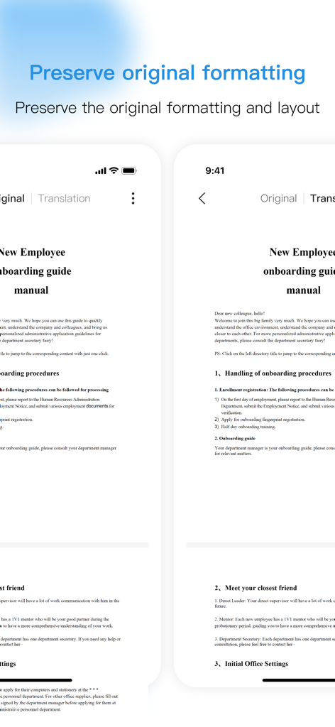 Doclingo app interface demonstrating original document layout preservation during translation.