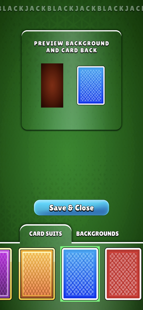 Pantalla de personalización de Simulius BlackJack mostrando opciones para diferentes diseños de reversos de cartas y fondos de mesa