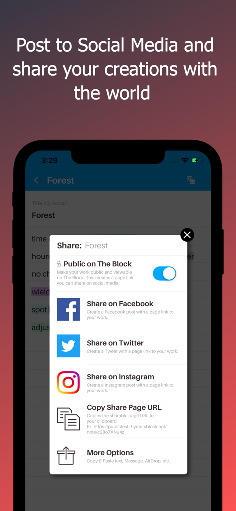 Rhymer's Block app screenshot showing the sharing menu with options to post lyrics to Facebook, Twitter, Instagram, and The Block.
