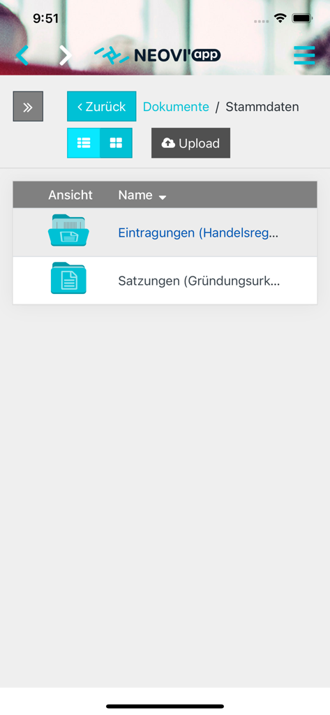 NEOVI'app - Tela de gerenciamento de documentos do NEOVI'app mostrando pastas e um botão de upload para arquivos digitais