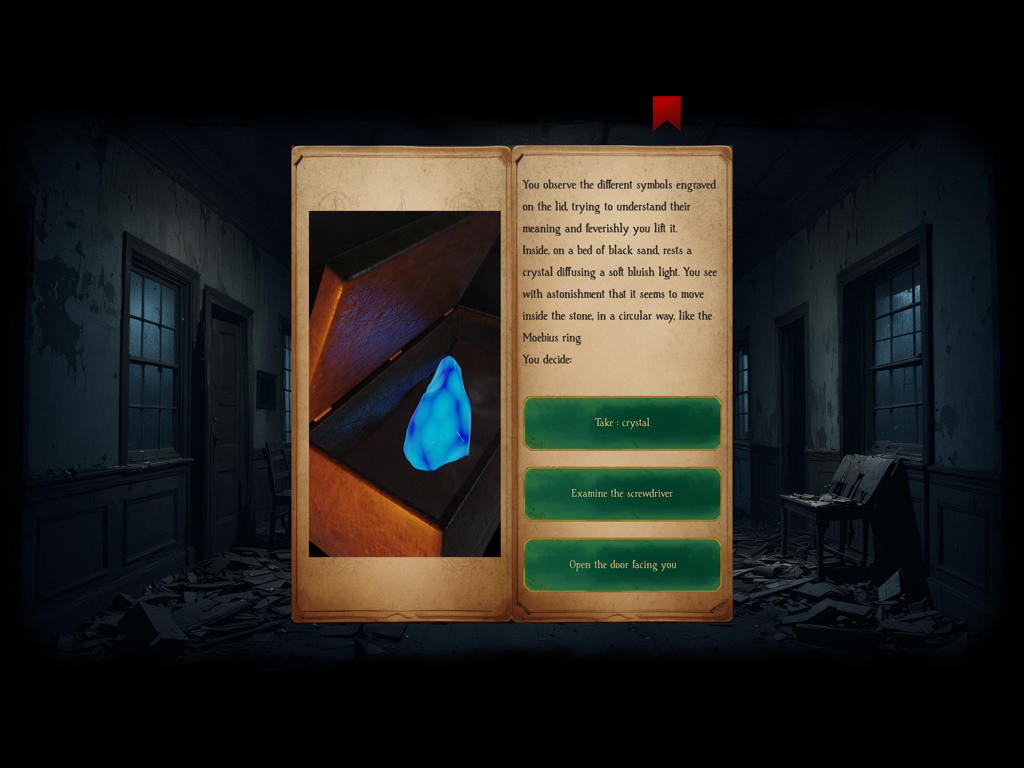 Angor : RPG - Gameplay screenshot of Angor RPG showing a choice screen in an interactive book style with a glowing blue crystal and decision buttons.