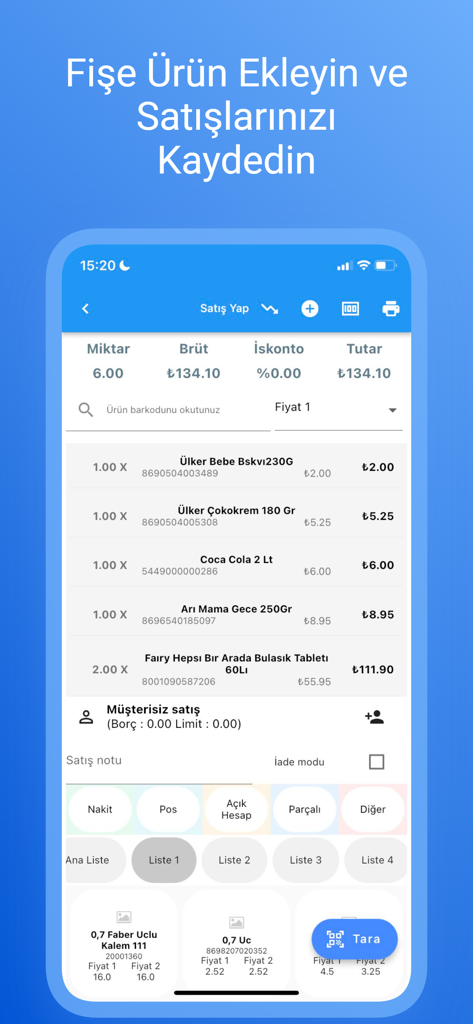 BenimPOS Pro mobile interface for adding products to a sales receipt and selecting payment methods