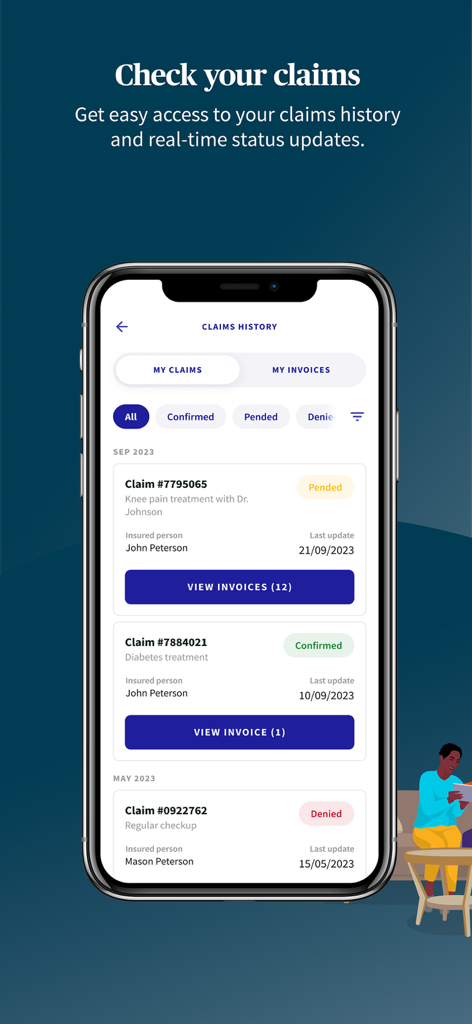 A smartphone screen showing the AXA Global Healthcare app claims history page with status updates for medical treatments.