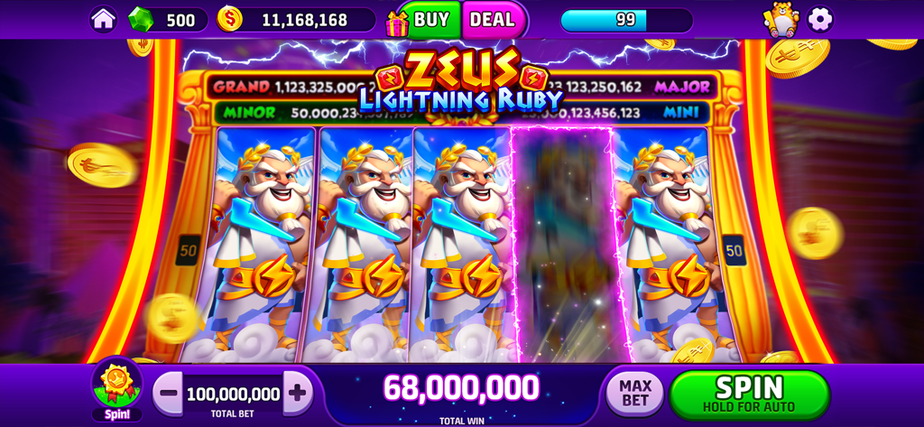 Gameplay screenshot of Zeus Lightning Ruby slot machine in Woohoo Slots