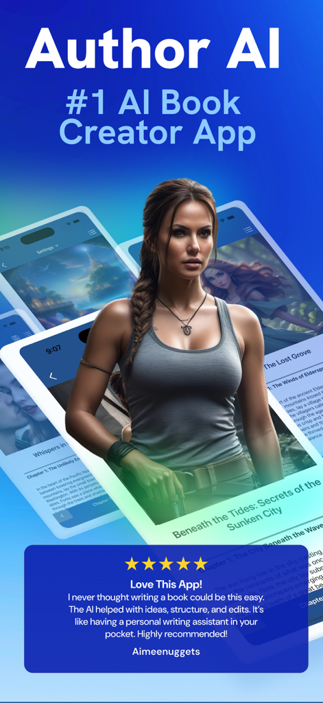 Promotional screen for Author AI Book Creator app with a five star user review and adventure story character.