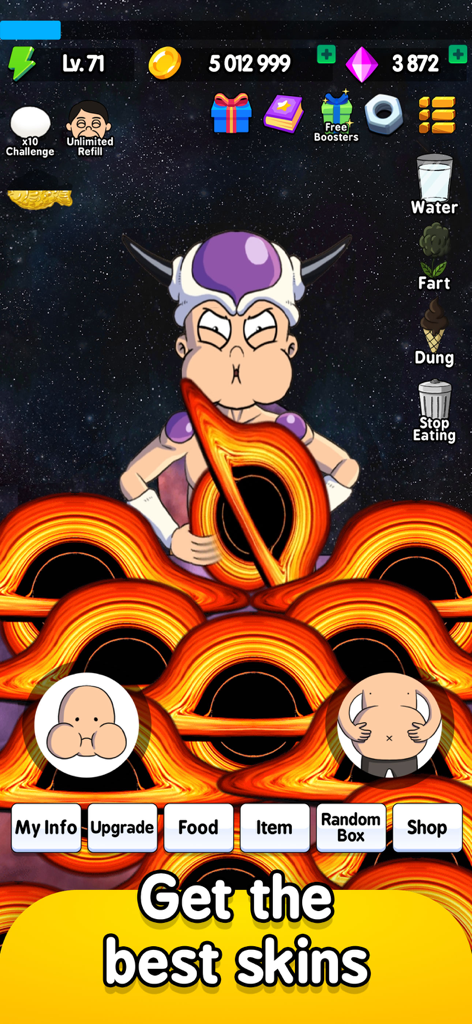 Food Fighter Clicker | Mukbang - Food Fighter Clicker gameplay showing a character with a custom alien skin eating cosmic food