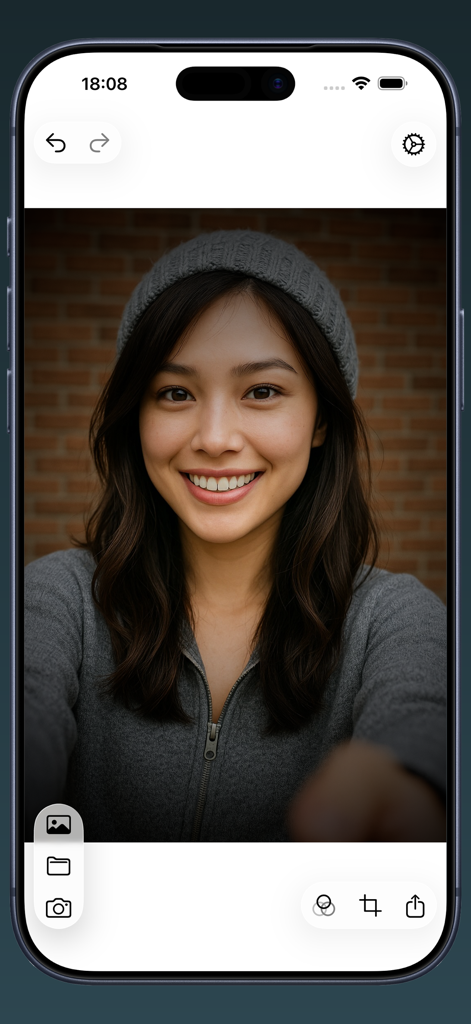 Photo Flipper - selfie mirror - Smartphone screenshot showing a woman's selfie in the Photo Flipper editing app