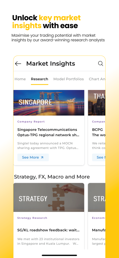 Maybank Trade SG - Maybank Trade SG app interface showing market insights and regional research reports for investors