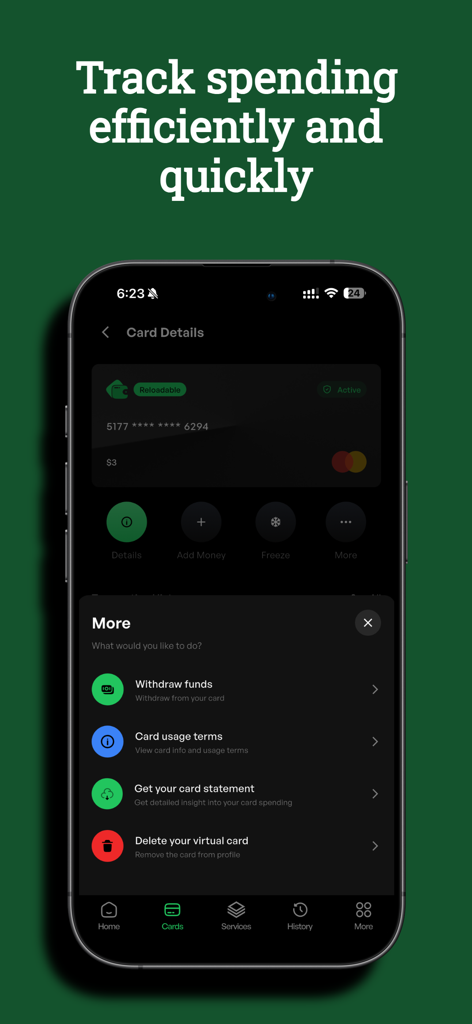 Digital Purse - Digital Purse app screen showing virtual card details and management options