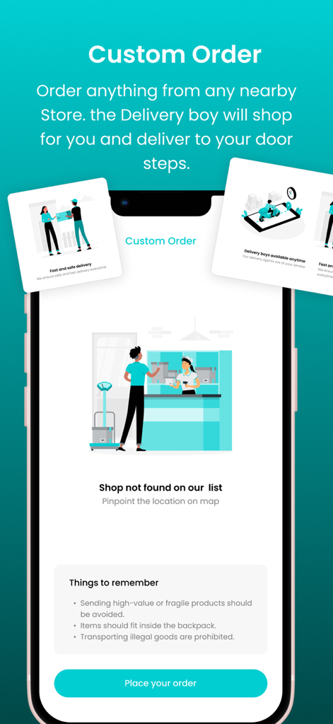 Famto:Food, Delivery, Shopping - A mobile screenshot of the Famto app showing the custom order feature for delivery from any nearby store.