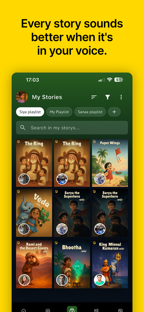 OhoKids - Stories & Learning - Interface of the OhoKids app showing a library of children stories with personalized voice profiles for storytelling