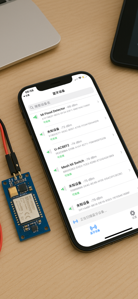 BLE蓝牙助手 - Tela do iPhone mostrando o BLE Debug Assistant escaneando dispositivos Bluetooth próximos ao lado de uma placa de desenvolvimento de hardware.