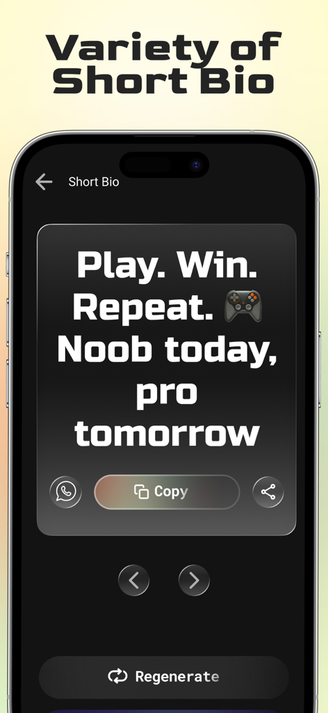 Nickname Generator: Fancy Text - Interface of the Nickname Generator app showing a short gaming bio with copy and regenerate buttons