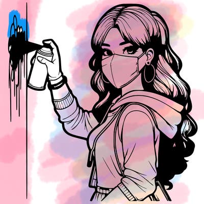 realistic girl with mask spray painting a wall