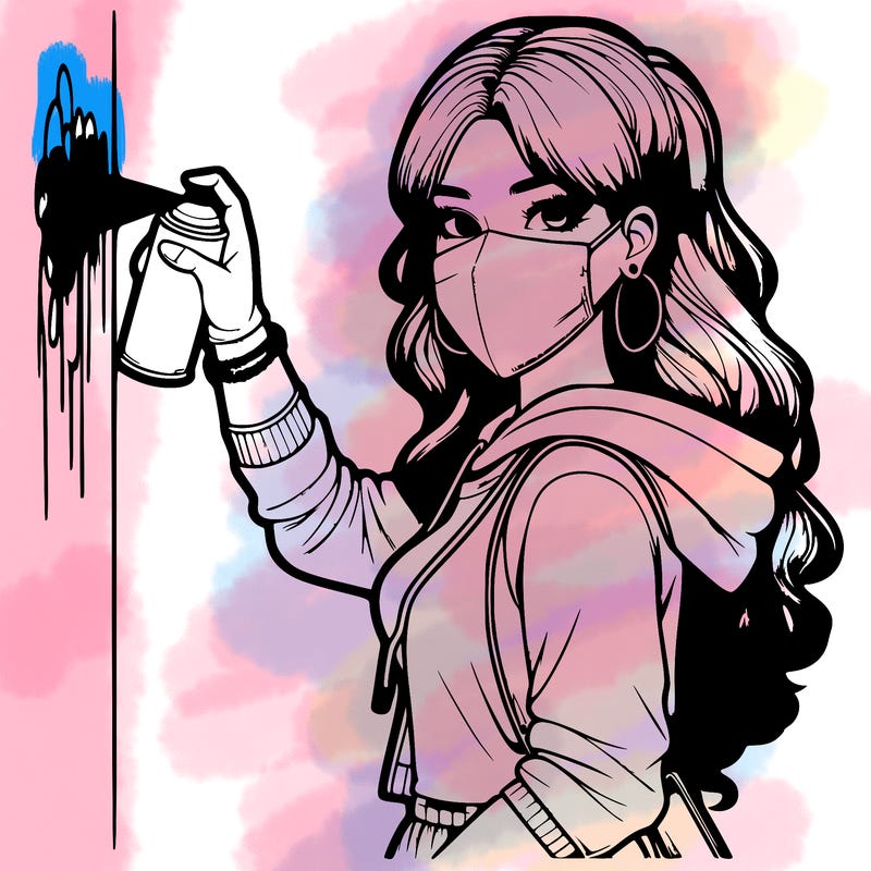 realistic girl with mask spray painting a wall