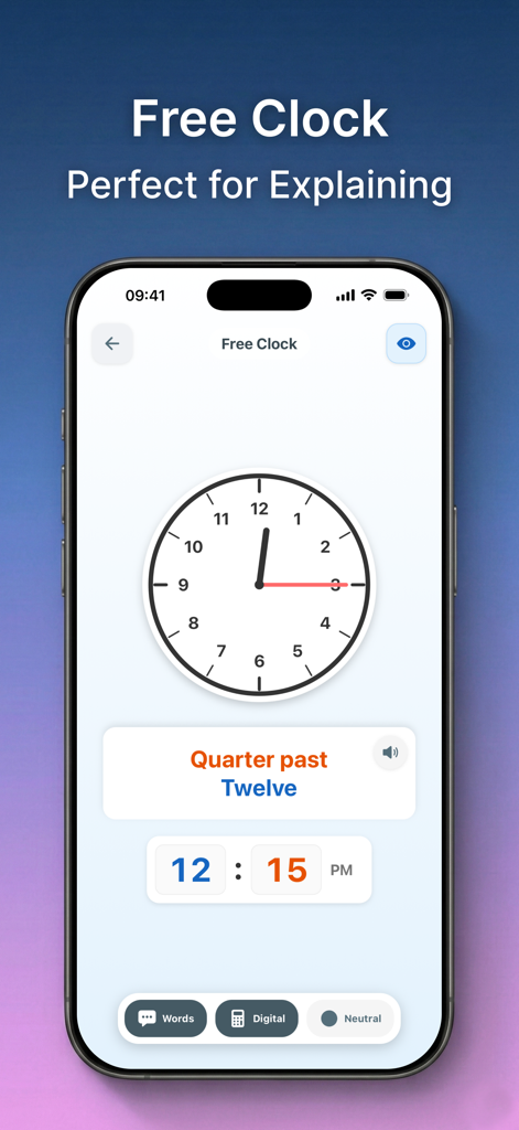 Educational app screen showing analog and digital clocks in Free Clock mode to teach telling time
