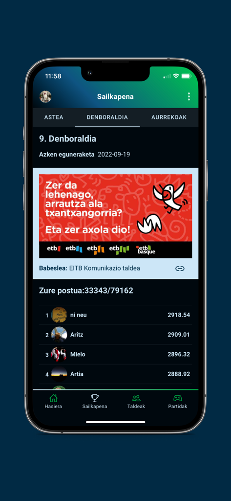 Pantalla de la tabla de clasificación de la aplicación de trivia vasca Egunean Behin mostrando las clasificaciones y puntuaciones de los jugadores
