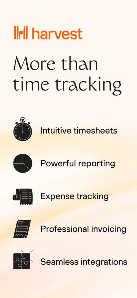 Overview of Harvest app features including timesheets, reporting, expense tracking, and professional invoicing